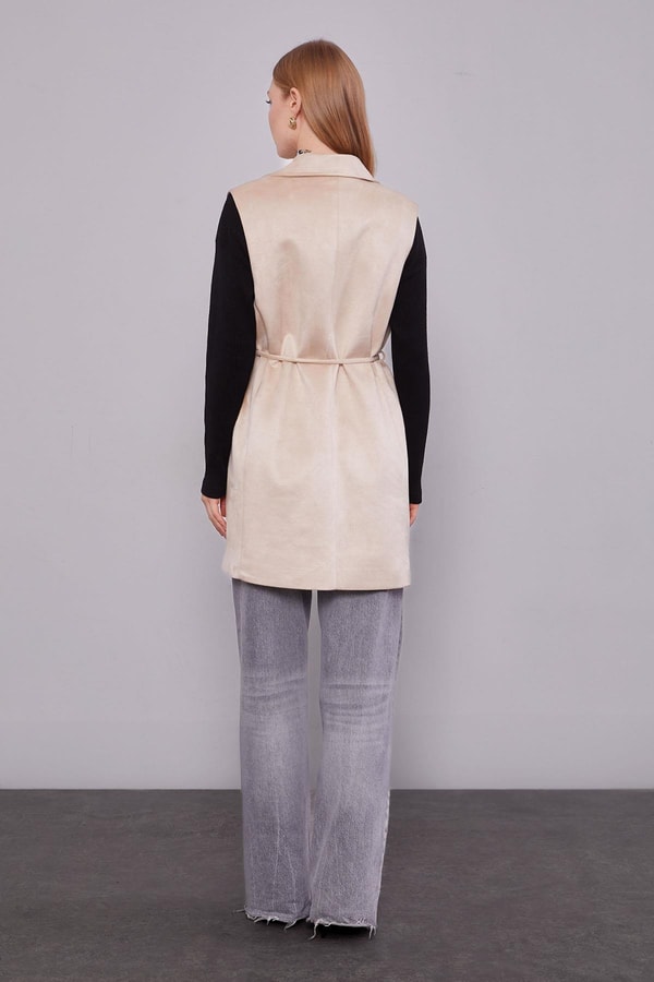 LevidorBej Süet Kemer Detaylı Yelek