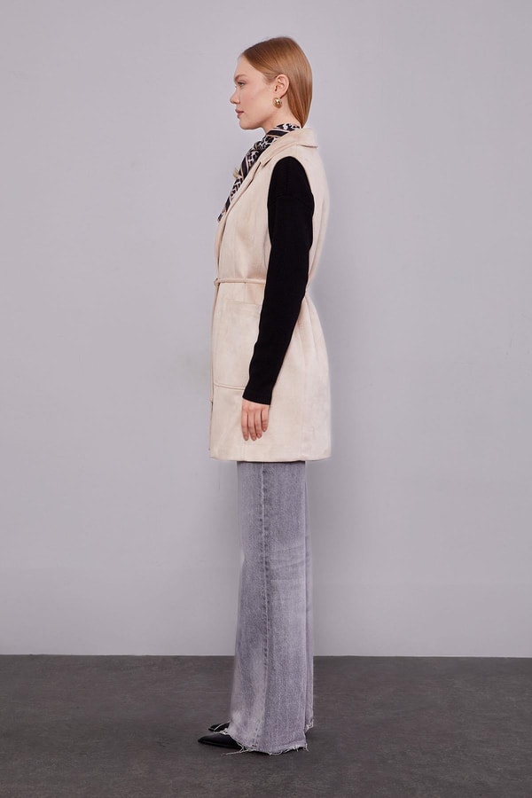LevidorBej Süet Kemer Detaylı Yelek