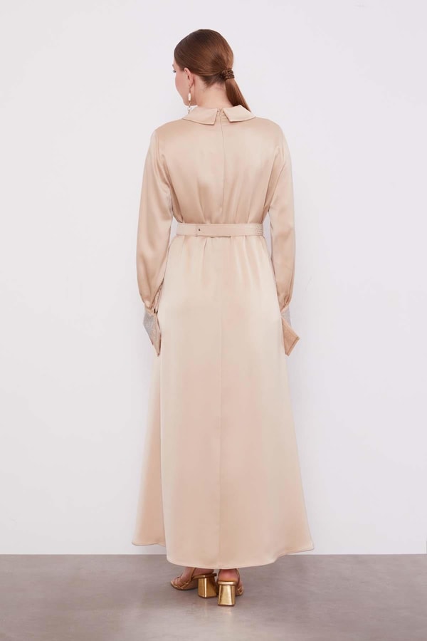 LevidorBej Taş Detaylı Saten Elbise