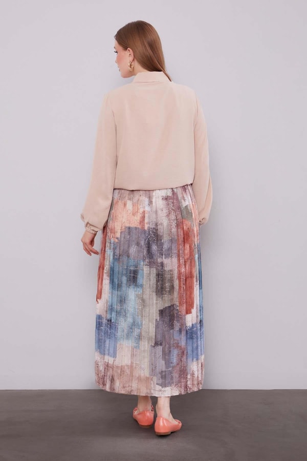 LevidorBej-Yeşil Bel Büzgülü Etek Takım