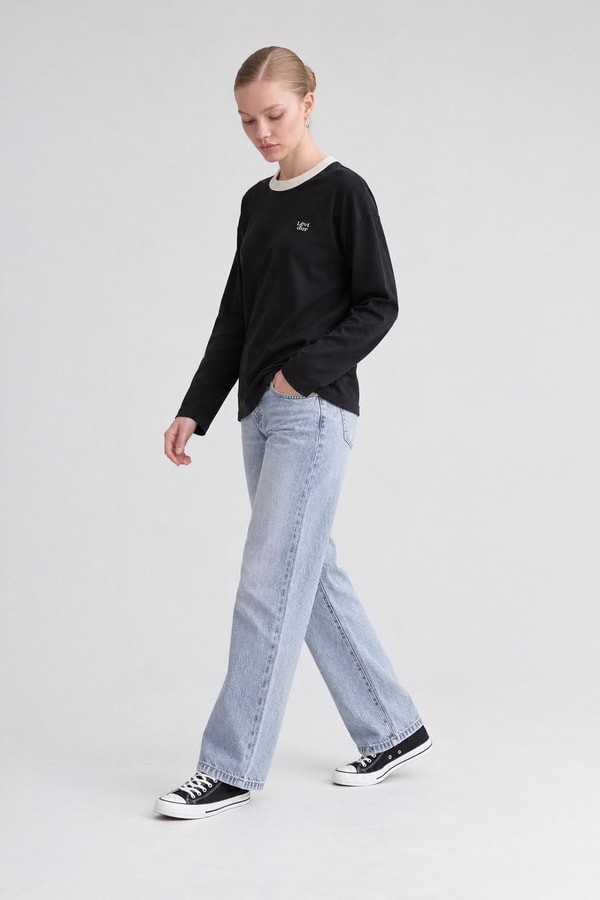 LevidorBisiklet Yaka Basic Bluz Siyah