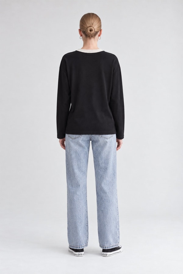 LevidorBisiklet Yaka Basic Bluz Siyah