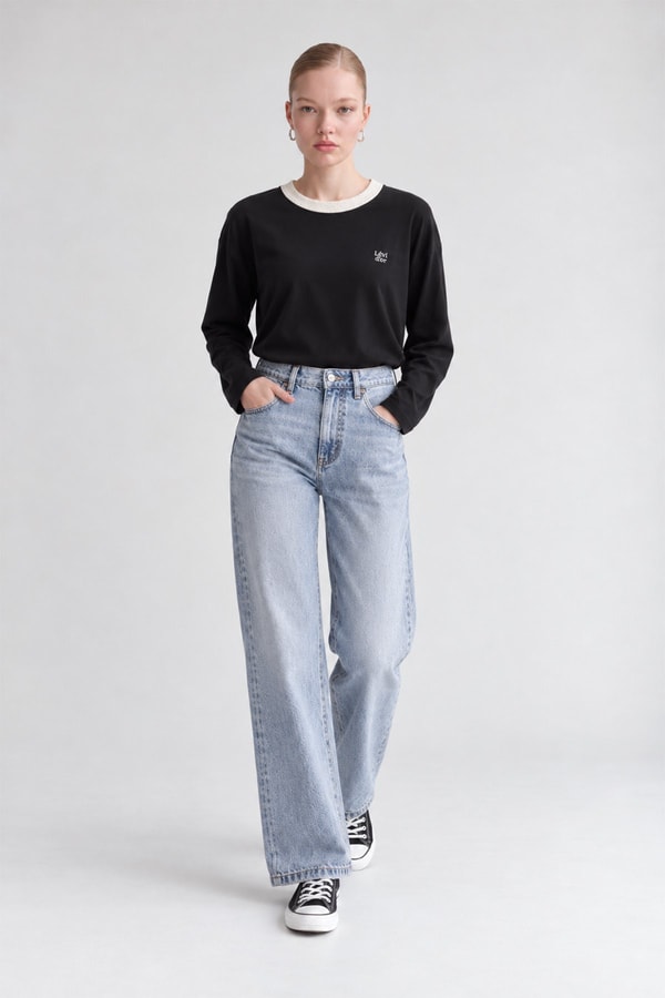 LevidorBisiklet Yaka Basic Bluz Siyah