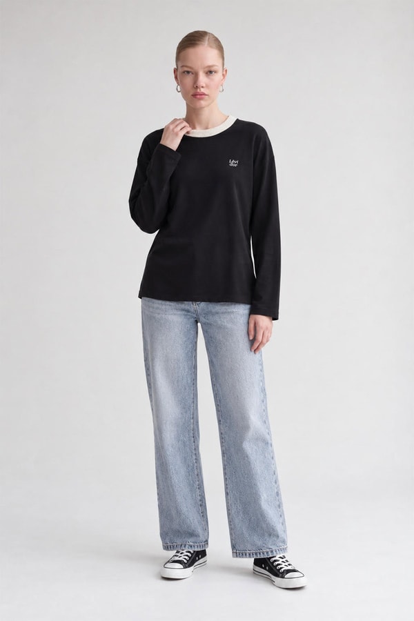 LevidorBisiklet Yaka Basic Bluz Siyah