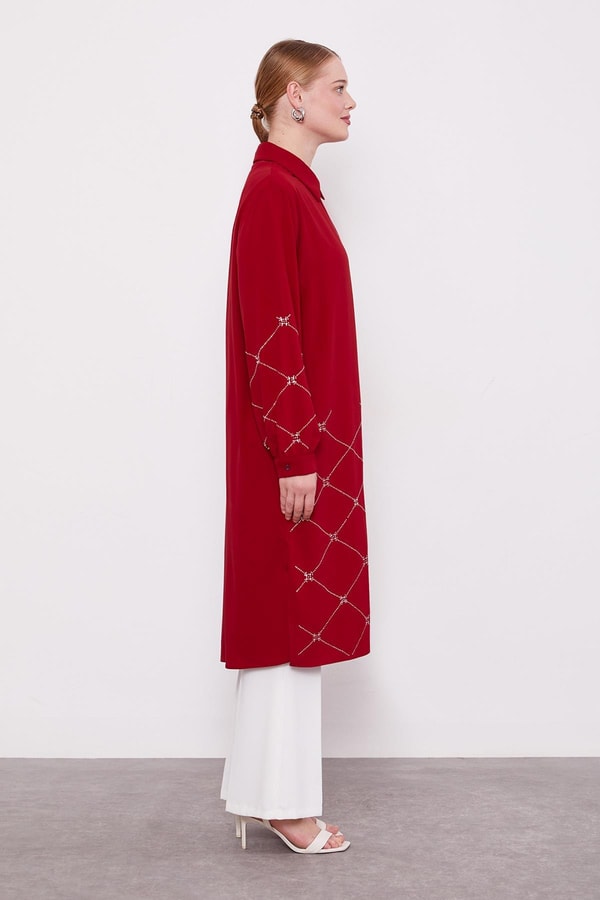 LevidorBordo Baklava Desen Taş Baskılı Tunik