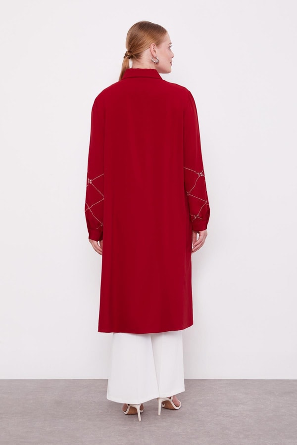 LevidorBordo Baklava Desen Taş Baskılı Tunik