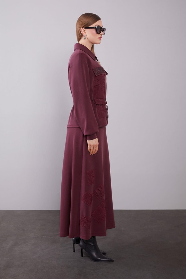 LevidorBordo Büzgü Yama Detaylı Etek Takım