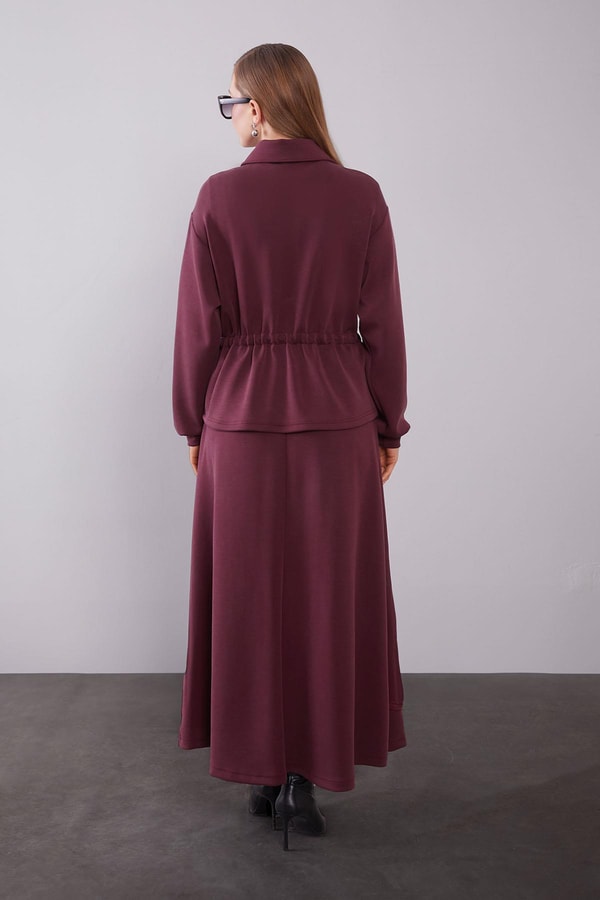 LevidorBordo Büzgü Yama Detaylı Etek Takım