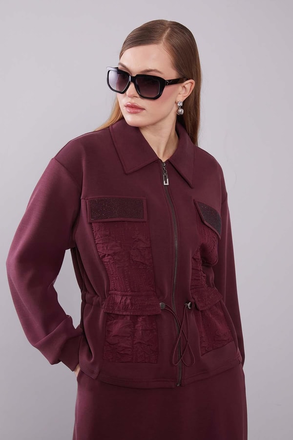 LevidorBordo Büzgü Yama Detaylı Etek Takım