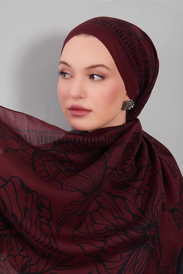 LevidorBordo Çiçek Desenli Yün İpek Şal