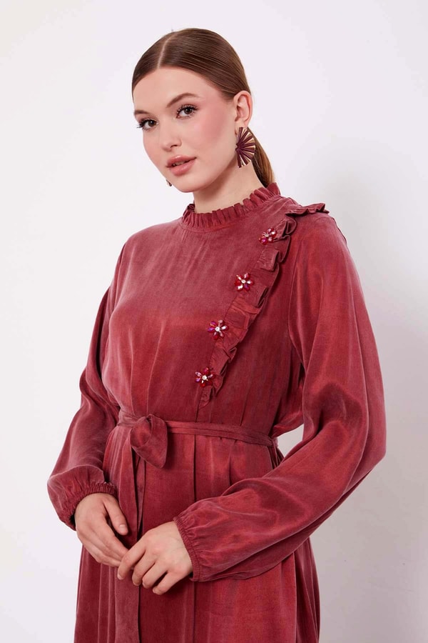 LevidorBordo Çiçek Taş Detaylı Cupra Elbise