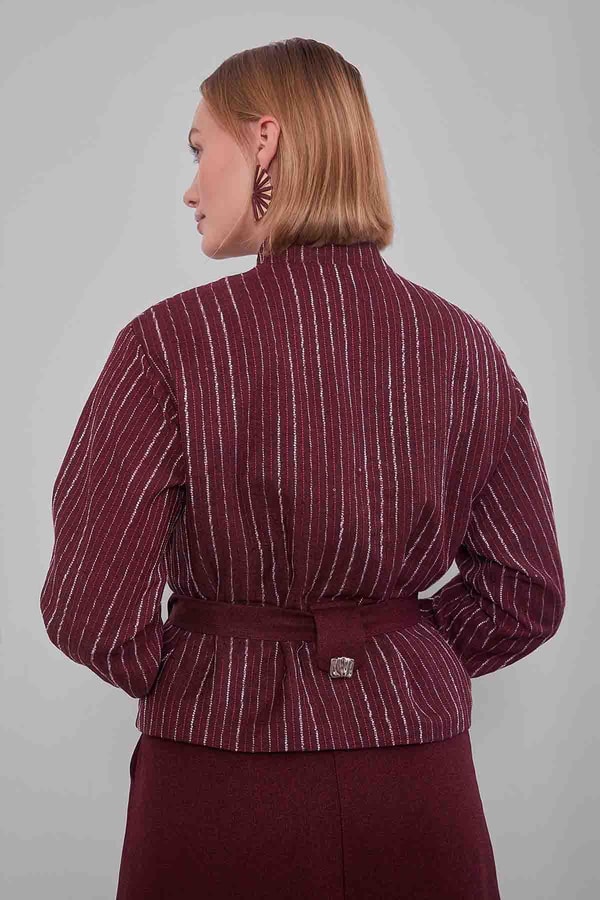 LevidorBordo Çizgili Desen Kuşaklı Etek Takım