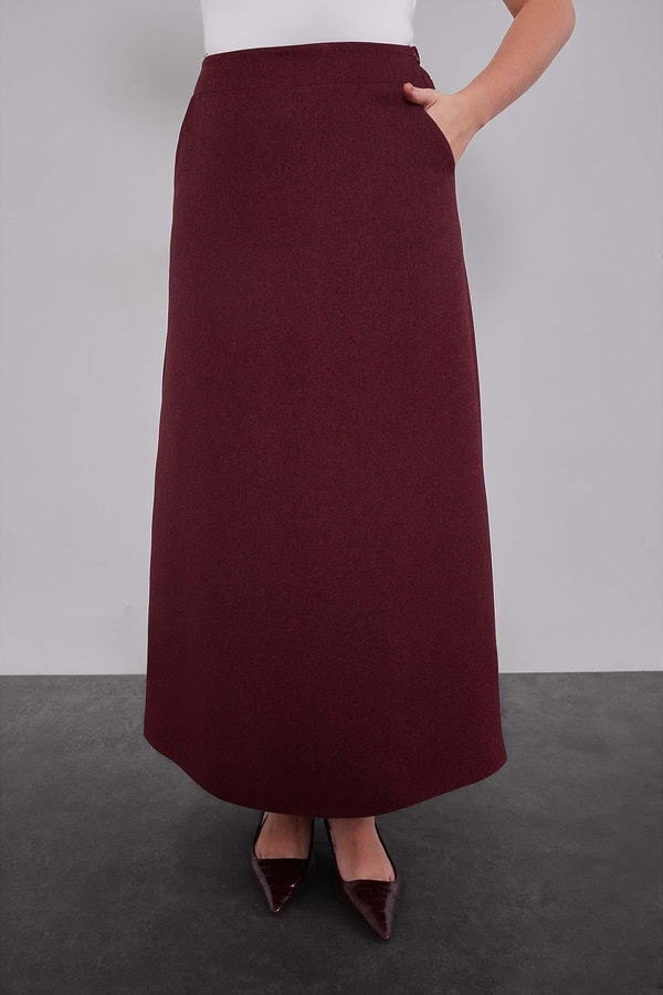 LevidorBordo Çizgili Desen Kuşaklı Etek Takım