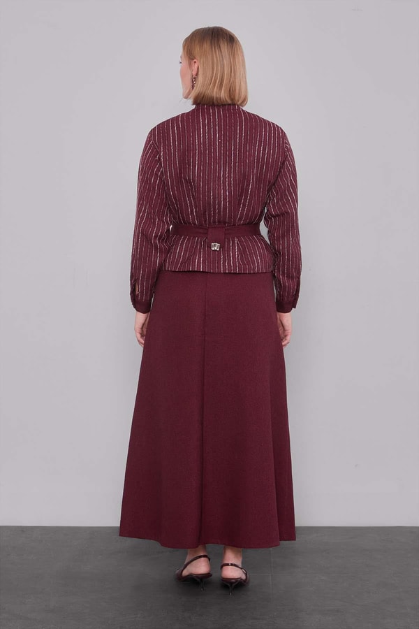 LevidorBordo Çizgili Desen Kuşaklı Etek Takım