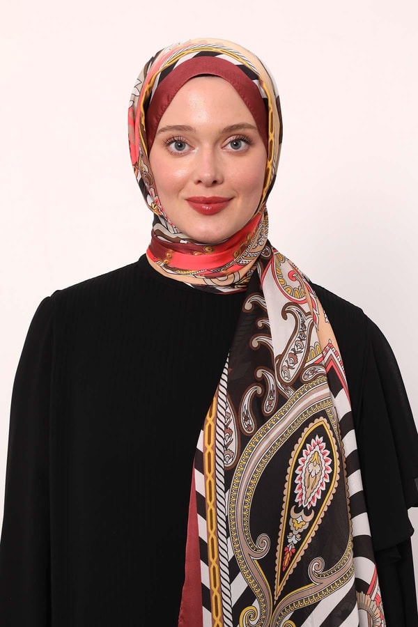 LevidorBordo Çizgili Hint İpeği Şal