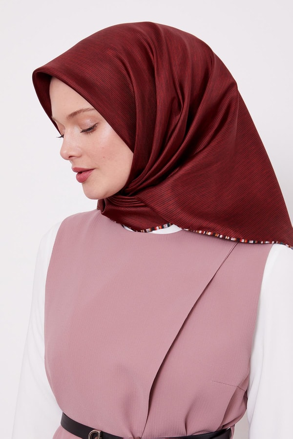 LevidorBordo Çizgili Twill İpek Eşarp