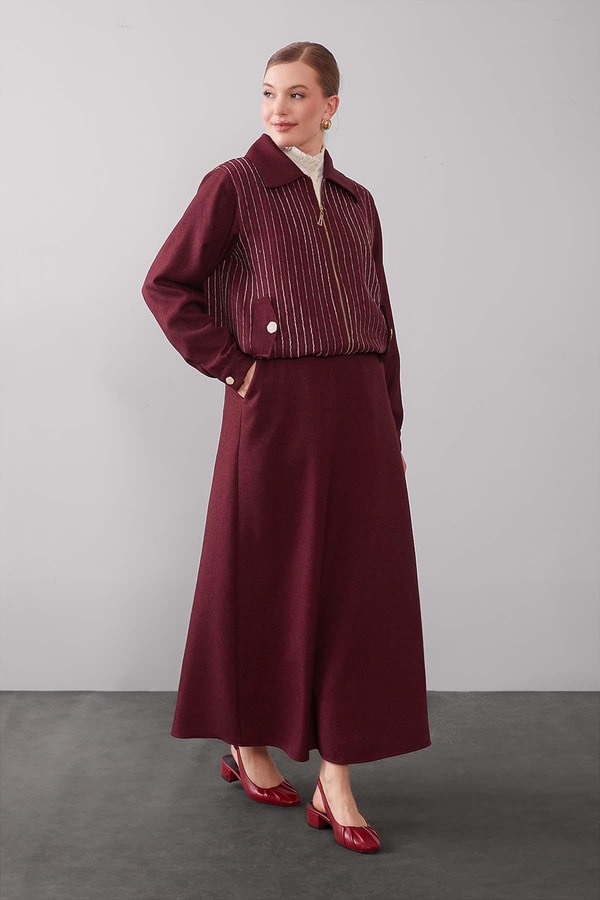 LevidorBordo Çizgili Üst Etek Takım