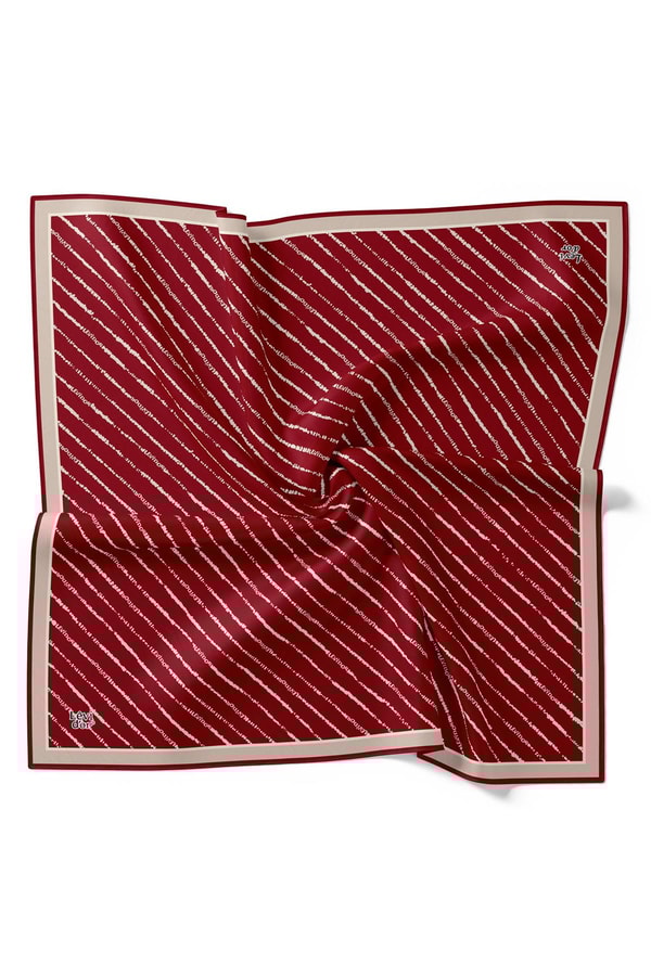 LevidorBordo Çizgili Yazı Desen Twill İpek Eşarp