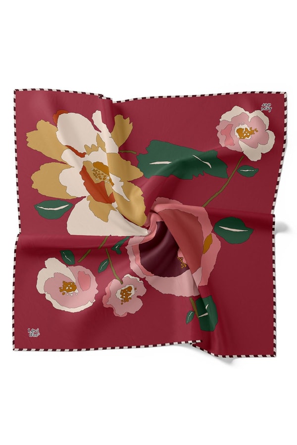 LevidorBordo Çizim Çiçek Desen Twill İpek Eşarp