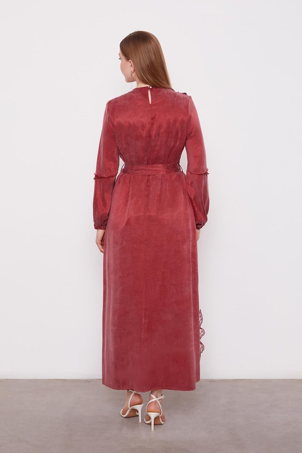 LevidorBordo Dantel Şeritli Cupra Elbise