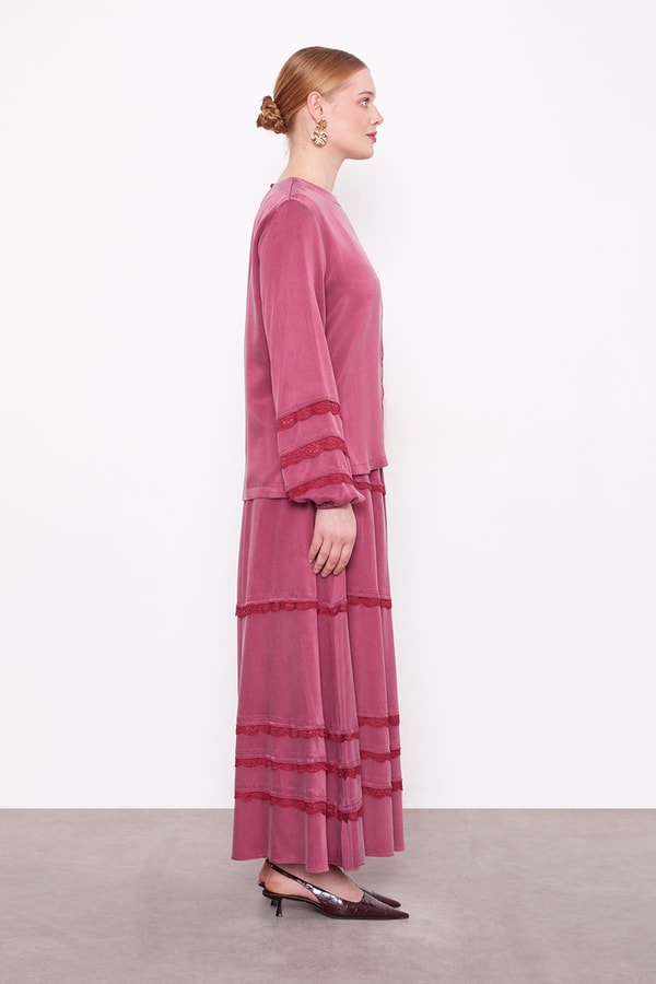 LevidorBordo Dantel Şeritli Cupra Etek Takım