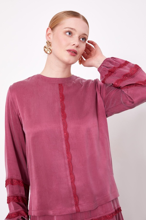 LevidorBordo Dantel Şeritli Cupra Etek Takım