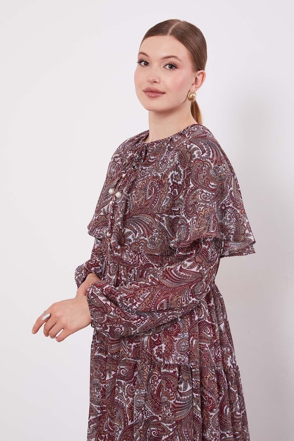 LevidorBordo Etnik Desenli Şifon Elbise