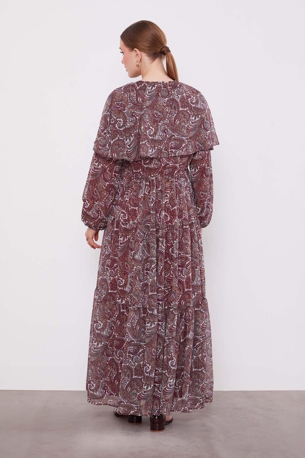 LevidorBordo Etnik Desenli Şifon Elbise