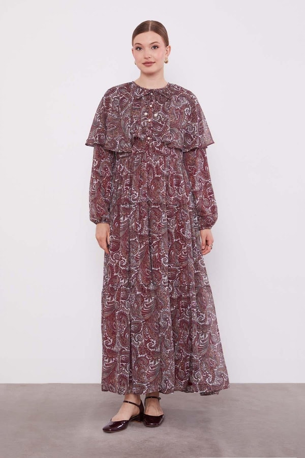 LevidorBordo Etnik Desenli Şifon Elbise