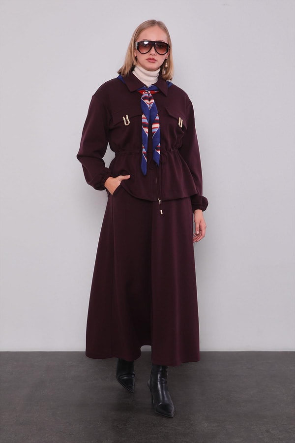 LevidorBordo Gold Fermuar Detaylı Etek Takım