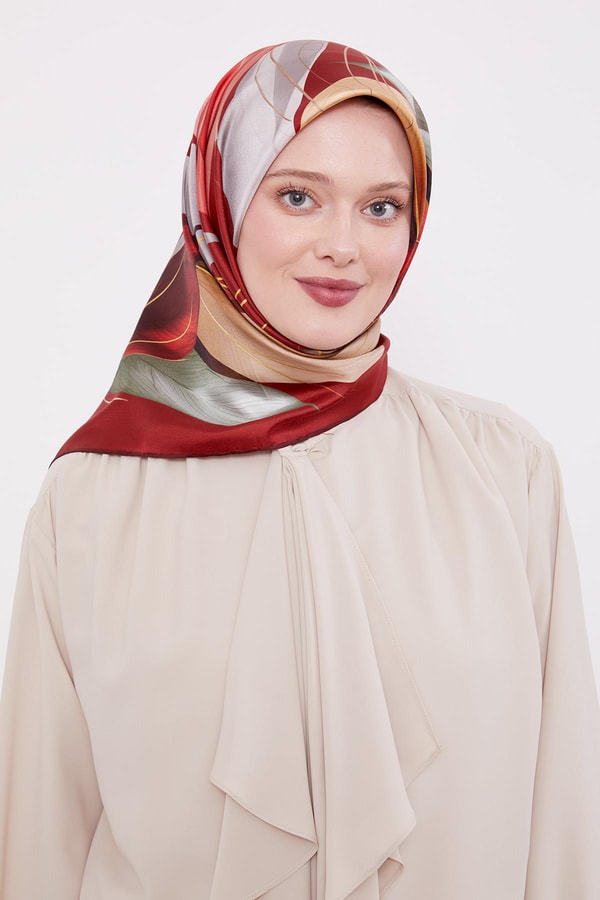 LevidorBordo İnce Yaprak Desen Twill İpek Eşarp