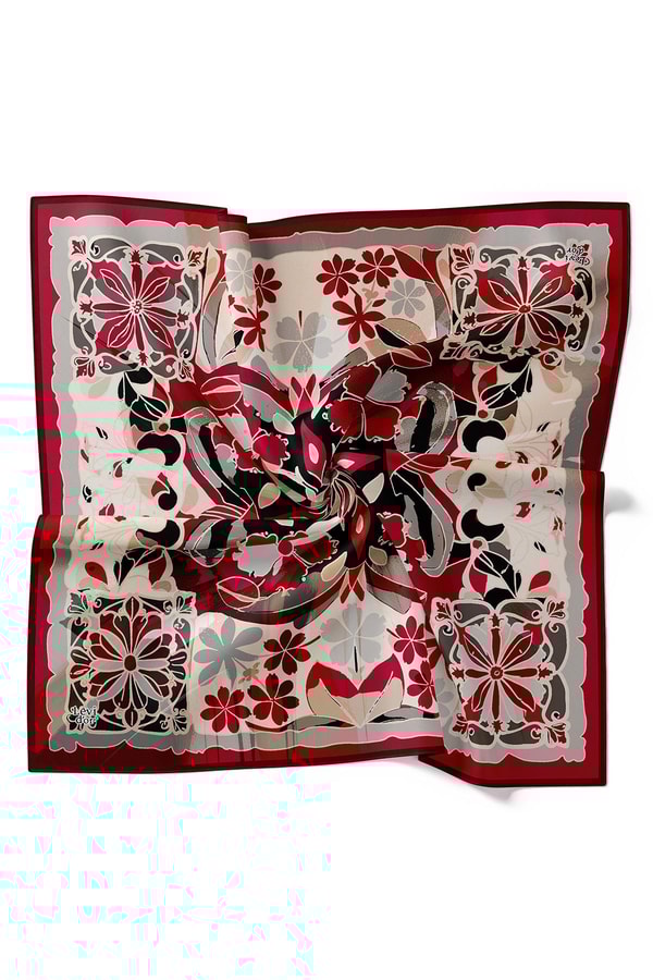 LevidorBordo Karışık Çiçek Desen Twill İpek Eşarp