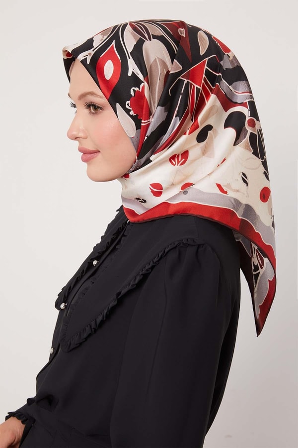 LevidorBordo Karışık Çiçek Desen Twill İpek Eşarp