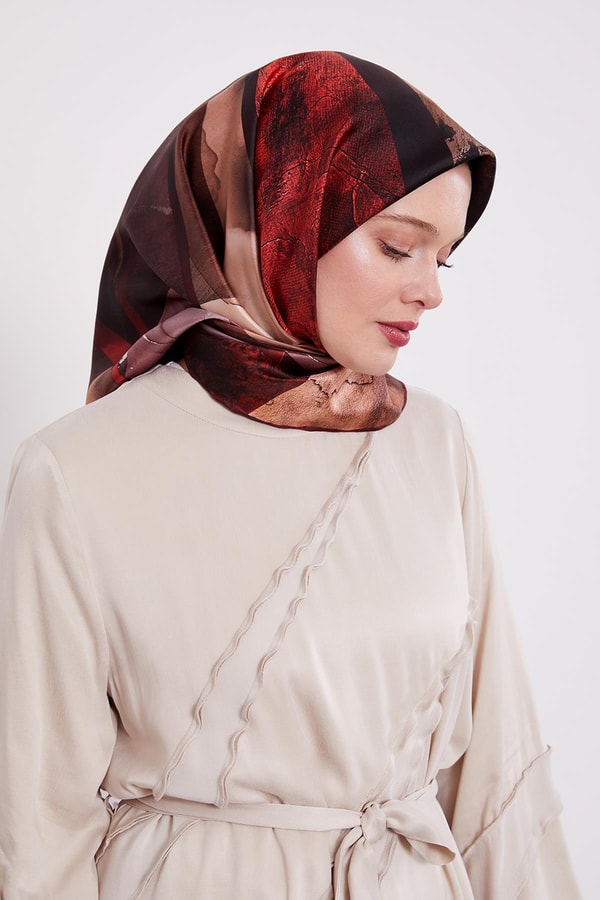 LevidorBordo Karışık Desen Twill İpek Eşarp