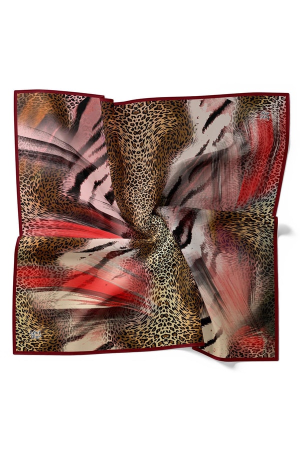 LevidorBordo Karışık Leopar Desen Twill İpek Eşarp