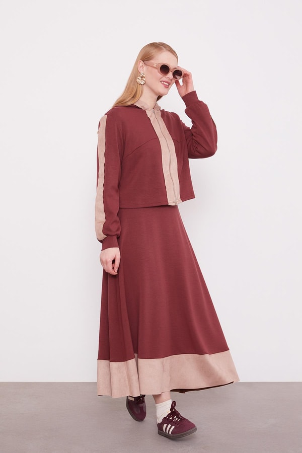 LevidorBordo Kısa Hırkalı Fermuar Kapamalı Etek Takım