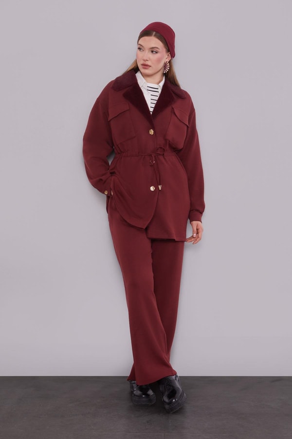 LevidorBordo Kruvaze Kürk Yakalı İkili Takım