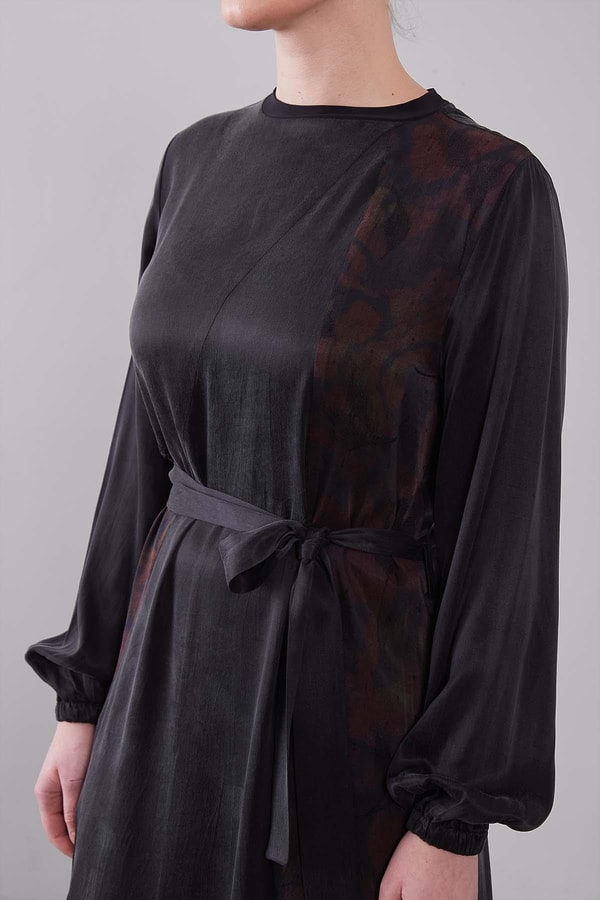 LevidorBordo Kuşak Detaylı Kenar Desen Cupra Elbise