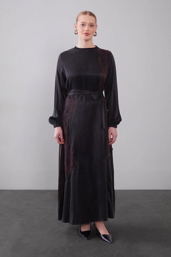 LevidorBordo Kuşak Detaylı Kenar Desen Cupra Elbise