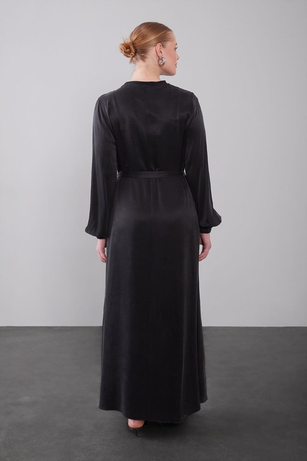 LevidorBordo Kuşak Detaylı Kenar Desen Cupra Elbise