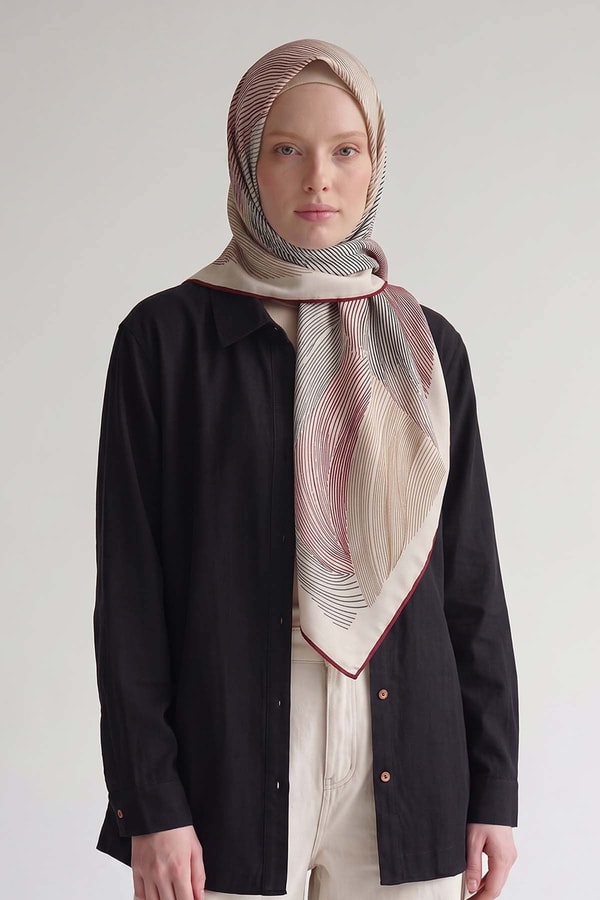 LevidorBordo Sarmal Çizgili Twill İpek Eşarp