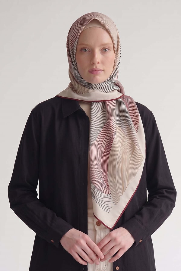 LevidorBordo Sarmal Çizgili Twill İpek Eşarp