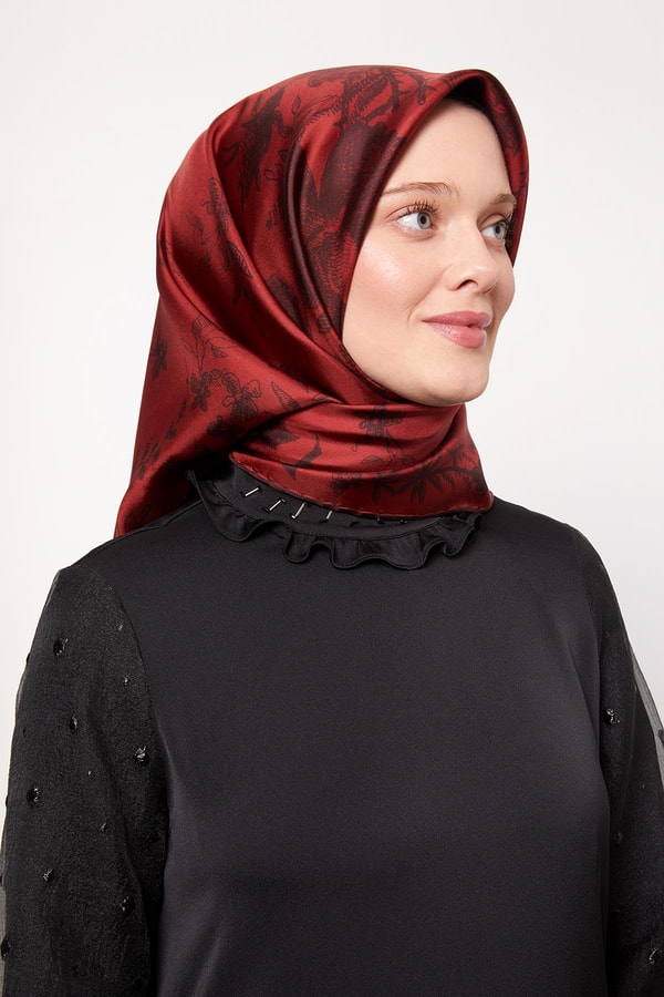 LevidorBordo Soyut Gül Desen Twill İpek Eşarp