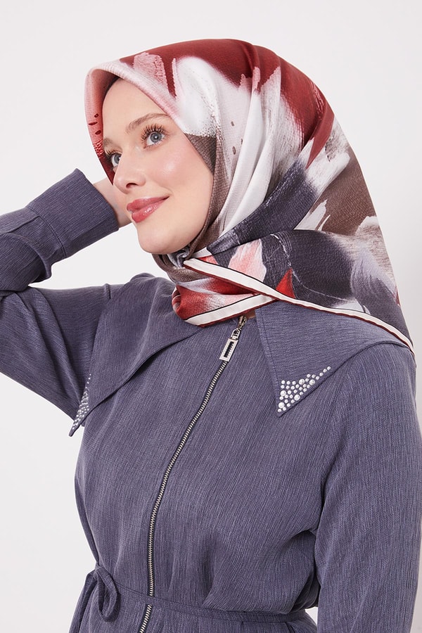 LevidorBordo Soyut Yaprak Desen Twill İpek Eşarp