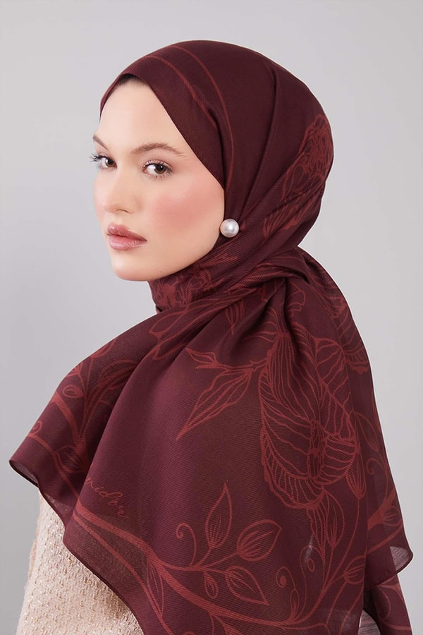 LevidorBordo Sümbül Çiçek Desen Yün İpek Şal