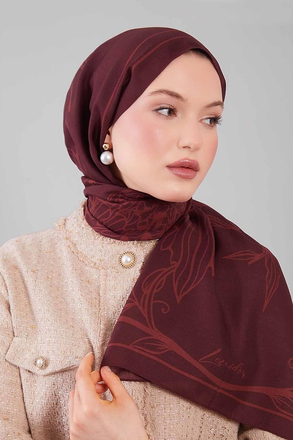 LevidorBordo Sümbül Çiçek Desen Yün İpek Şal