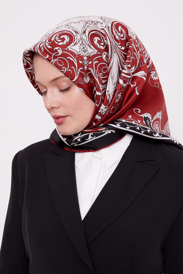 LevidorBordo Varak Desenli Twill İpek Eşarp