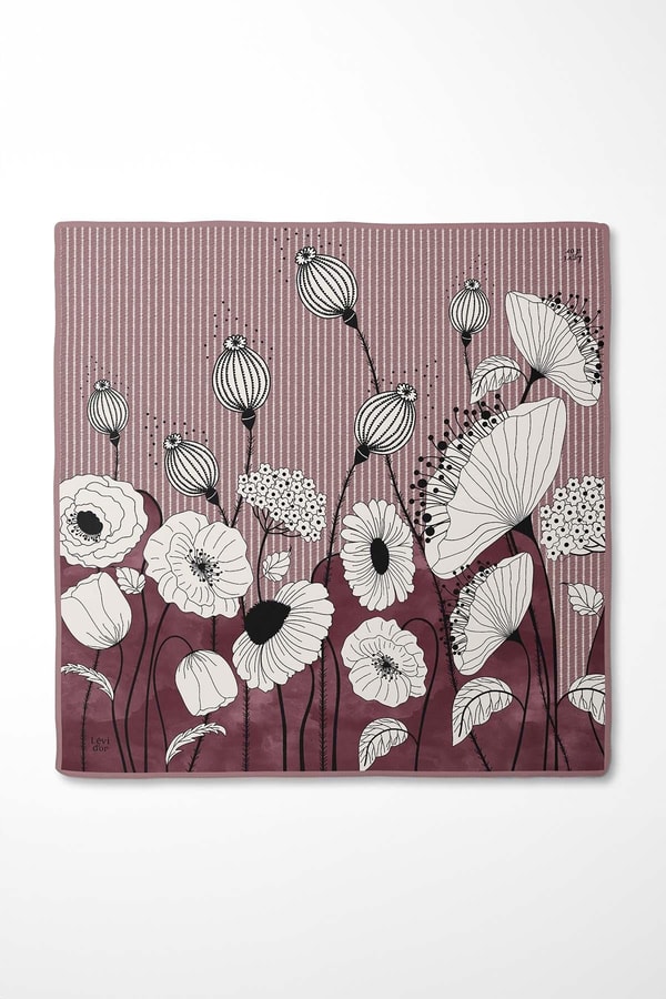 LevidorBordo Zambak Çiçek Desen Twill İpek Eşarp