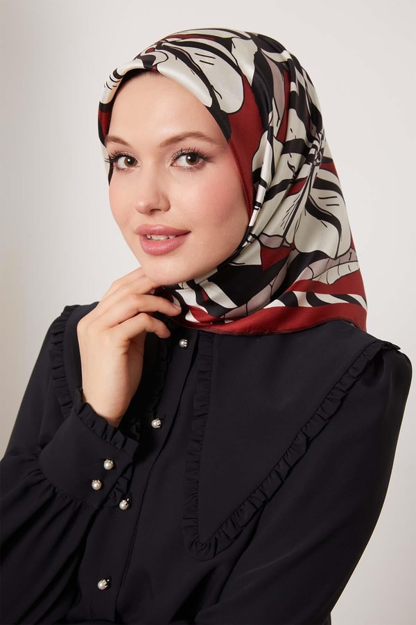 LevidorBordo Zambak Desen Twill İpek Eşarp