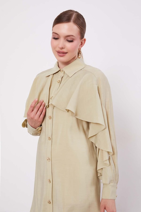 LevidorÇağla Yeşili Volan Detay Düğmeli Gömlek